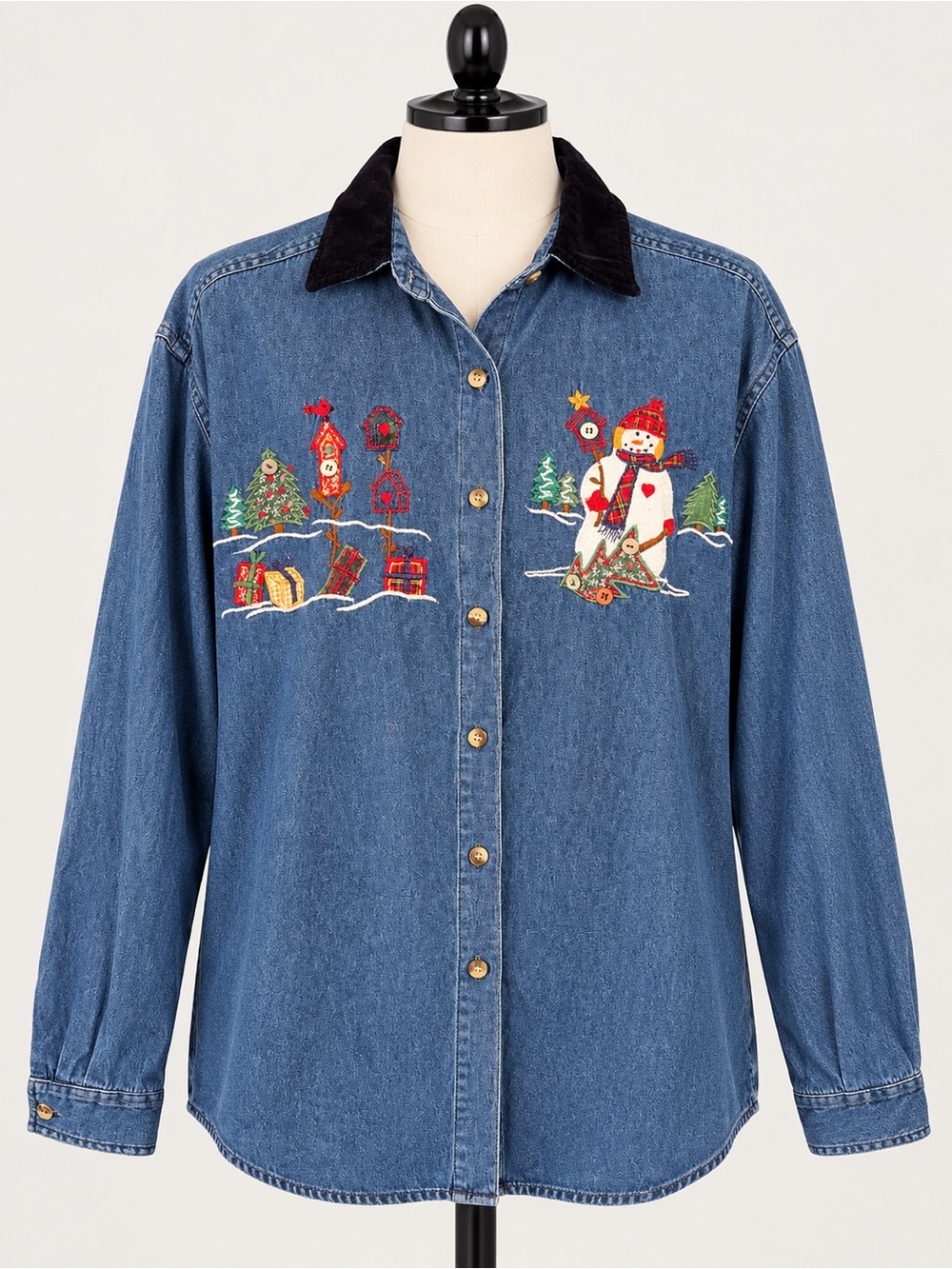 Christmas Snowman Embroidered Denim Shirt Vintage XL Casey & Max